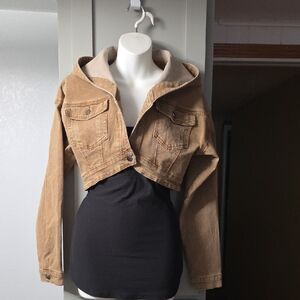 Trendy Tan Cropped Jacket with Hood